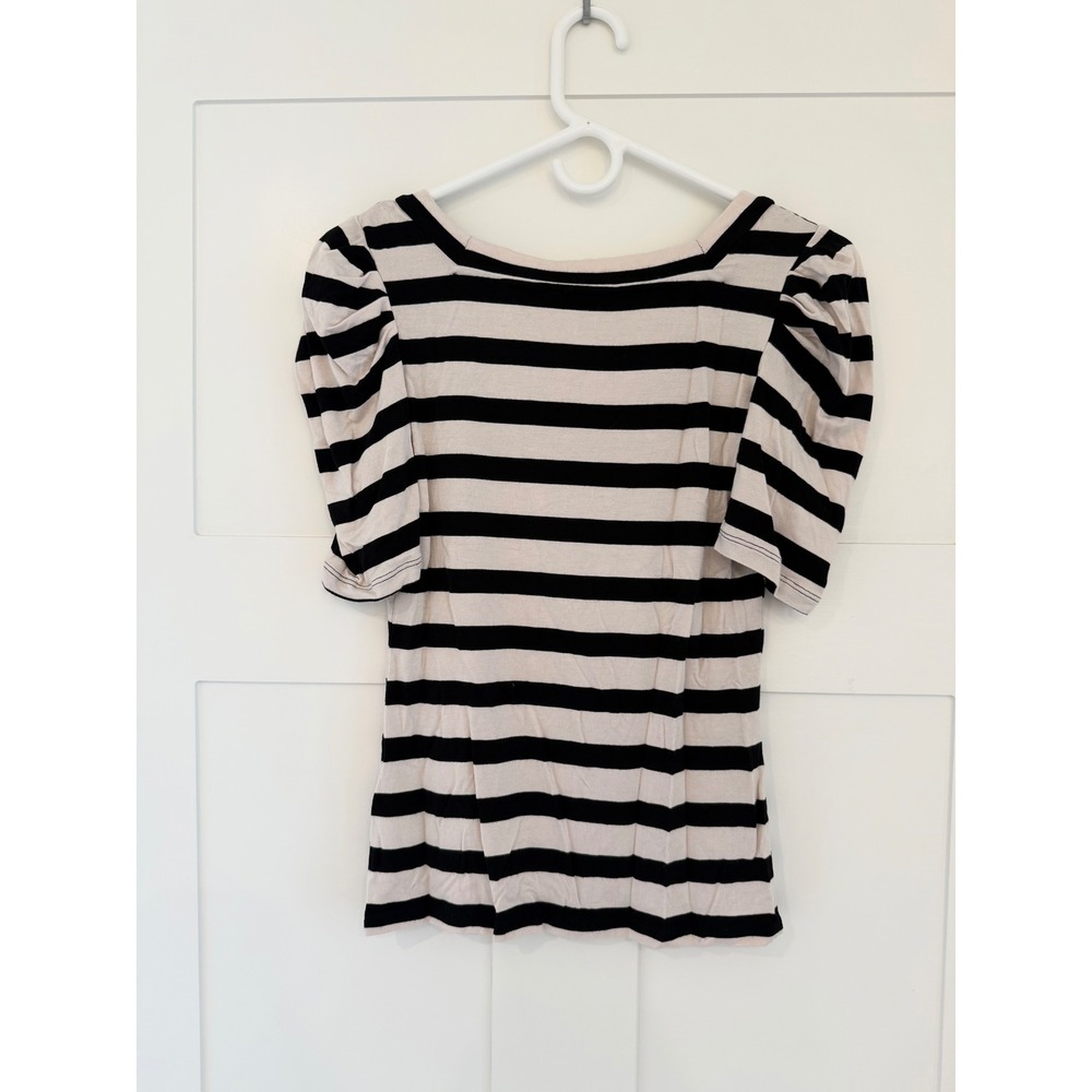 T Tahari Womens Striped Puff Sleeve Square Neck Knit Top Black Beige XS - Picture 6 of 6